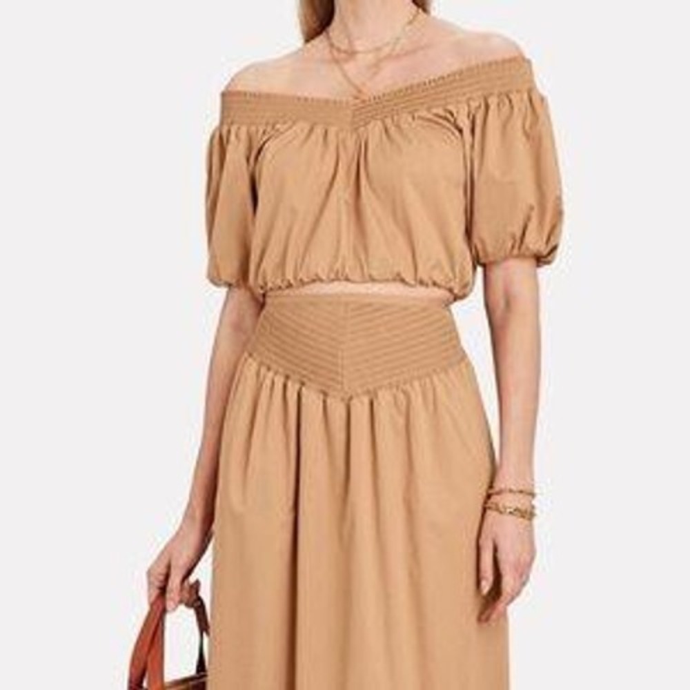 A.L.C. Puff Sleeve Off Shoulder Crop Top Brown Tan Smocked Neck Boho Peasant 6